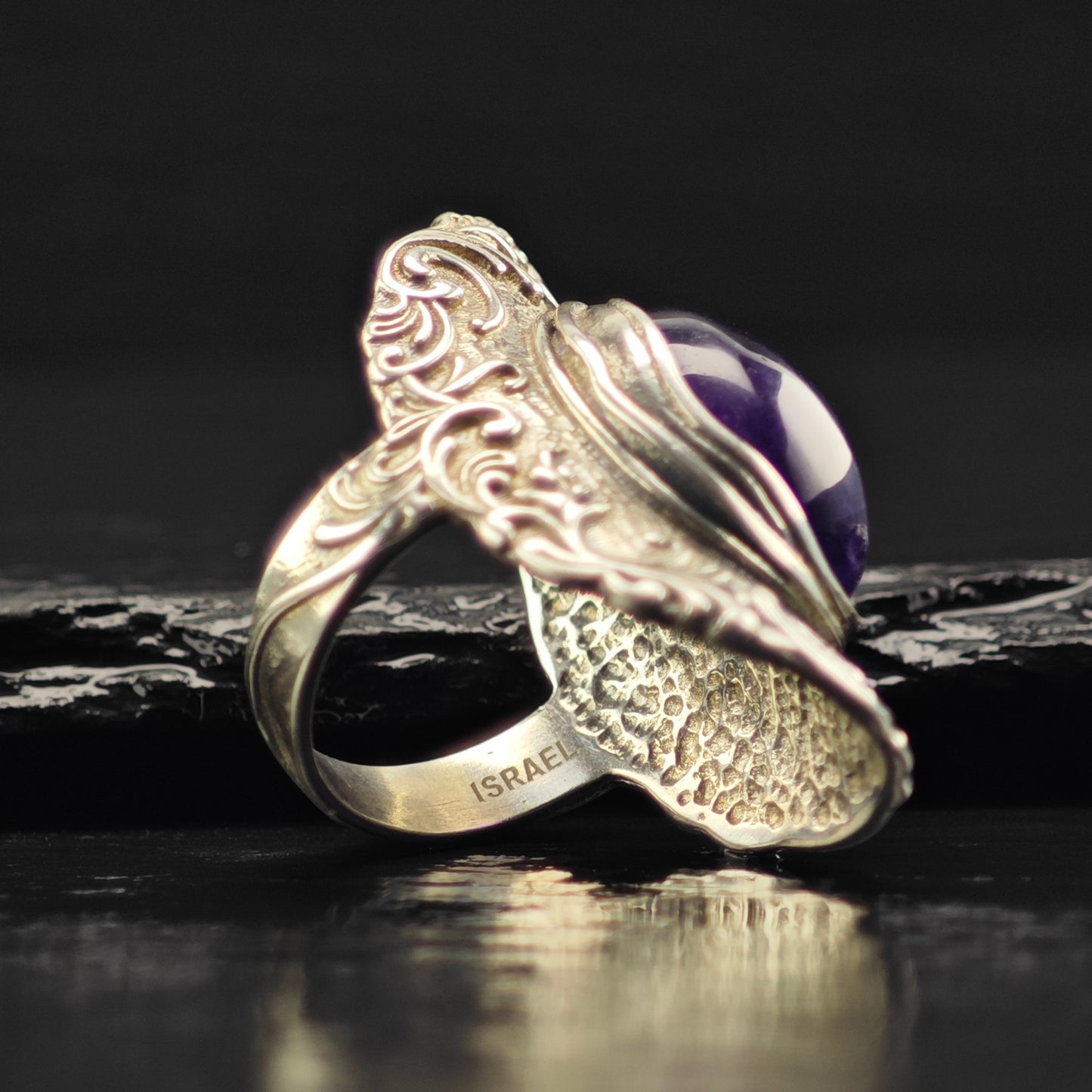 Israel PZ Amethyst Cabochon, Filigree Ring Sterling Silver Sz 7 R6370