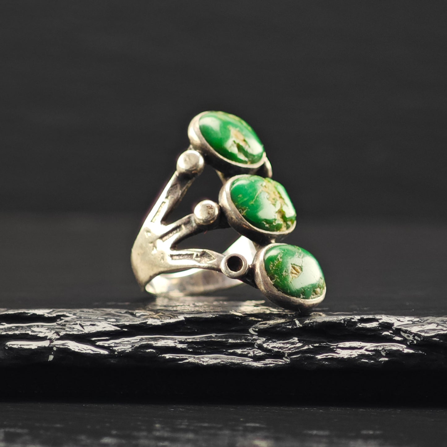 Early Native American Green Turquoise Ring Sterling Silver Sz 4 R6371