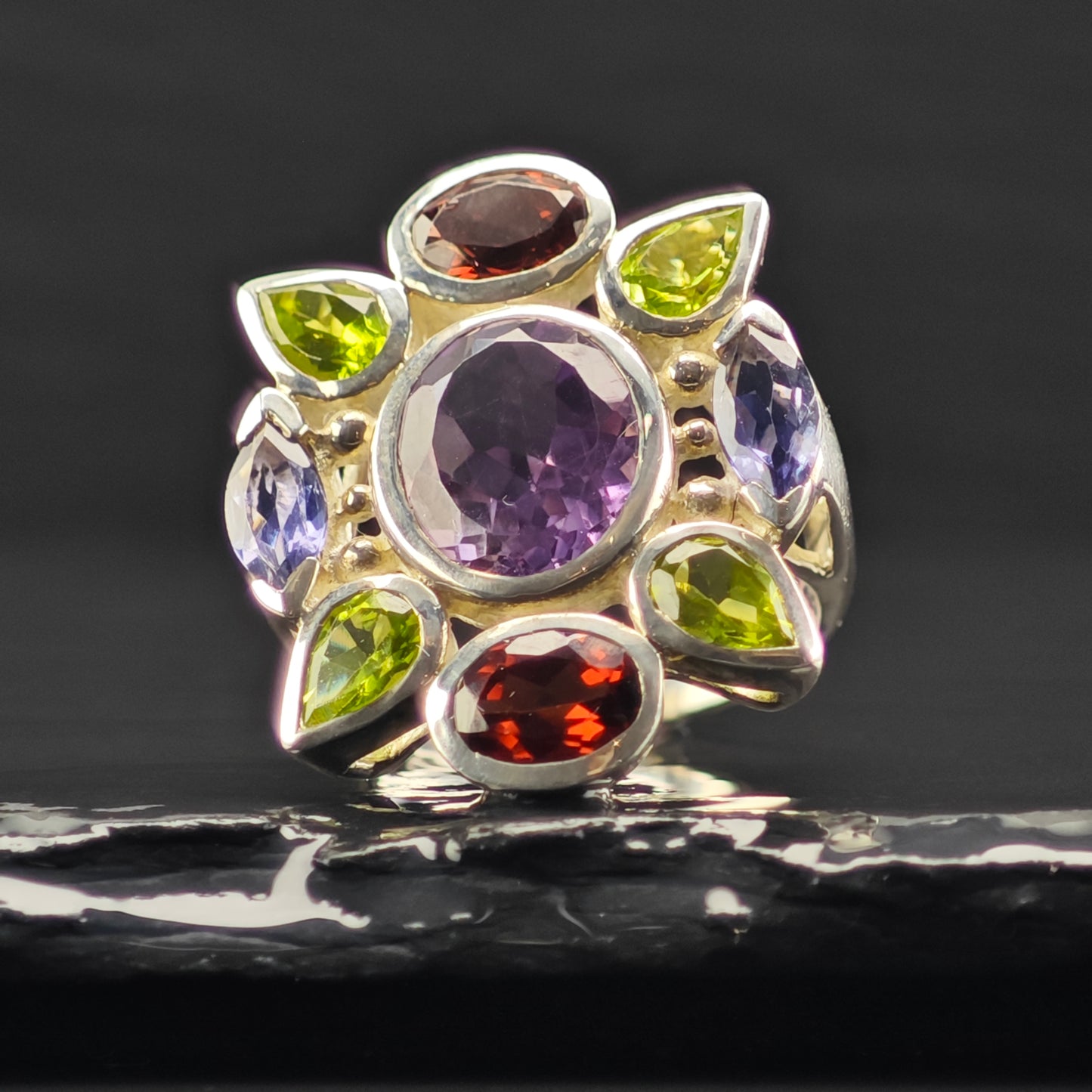 Multi- Gemstone Ring Sterling Silver Sz 7 1/2 R6375