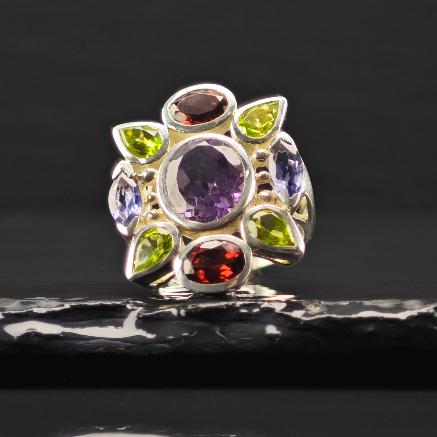 Multi- Gemstone Ring Sterling Silver Sz 7 1/2 R6375