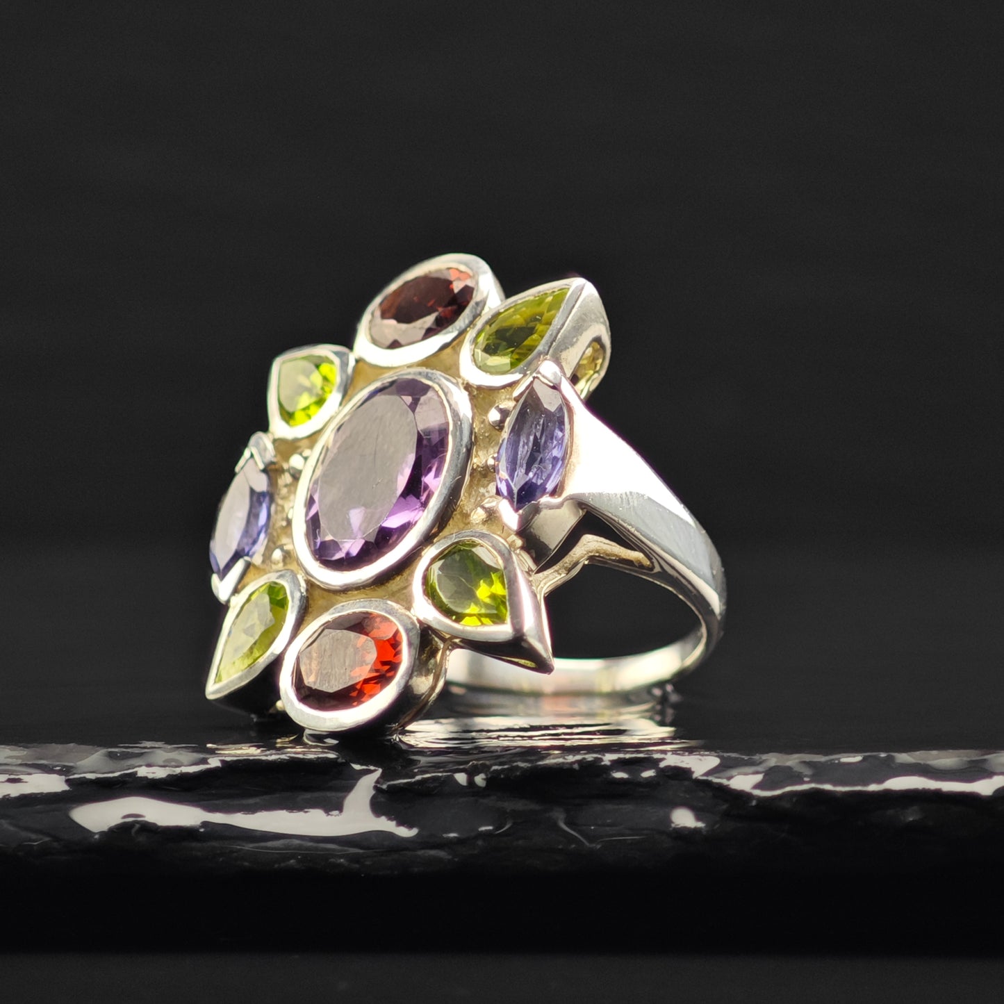 Multi- Gemstone Ring Sterling Silver Sz 7 1/2 R6375