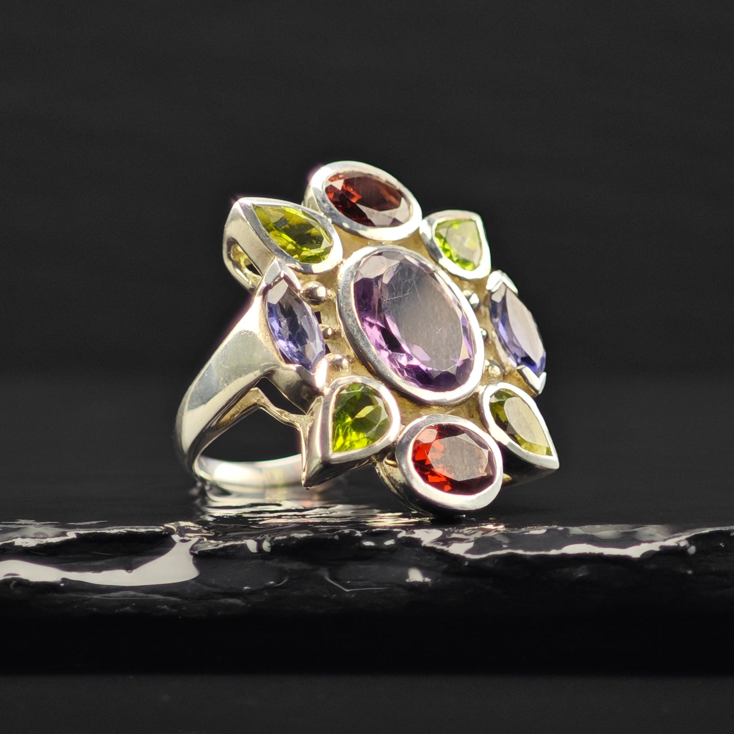 Multi- Gemstone Ring Sterling Silver Sz 7 1/2 R6375