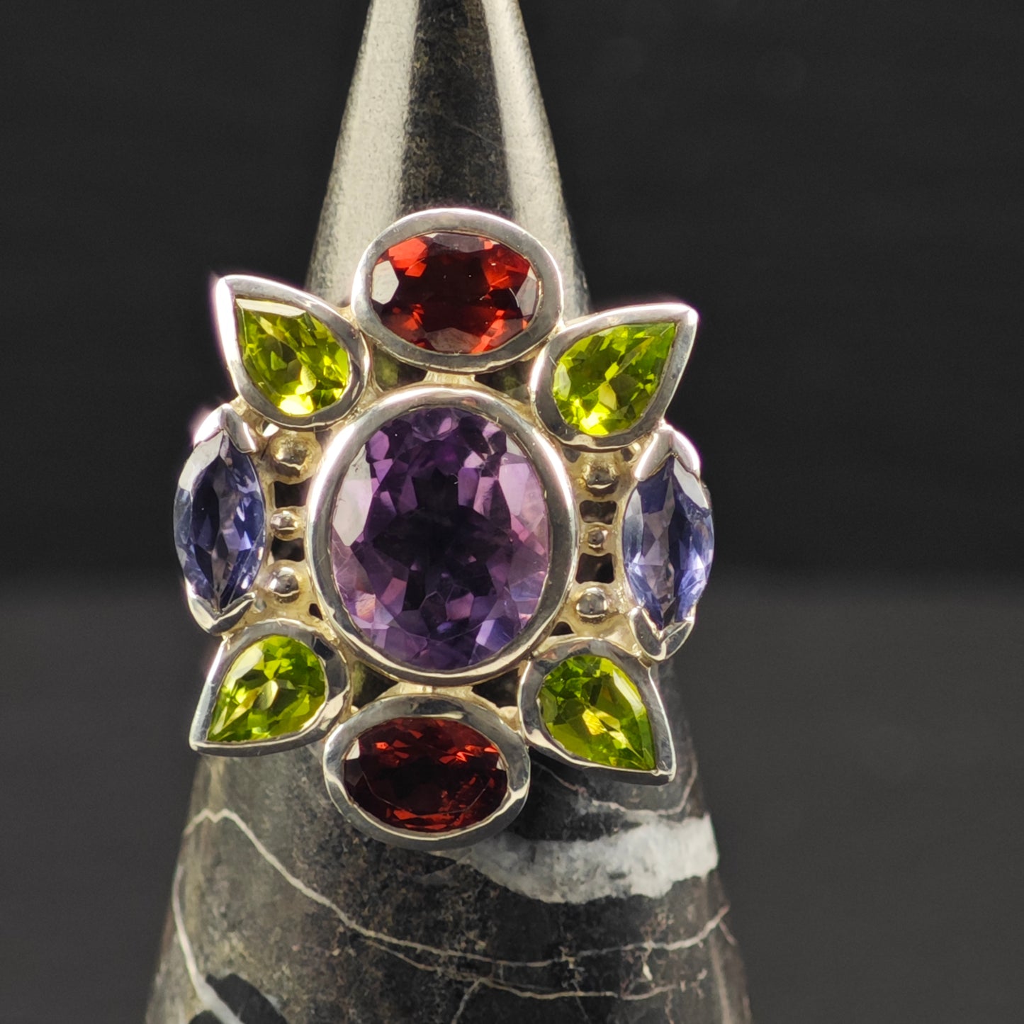 Multi- Gemstone Ring Sterling Silver Sz 7 1/2 R6375