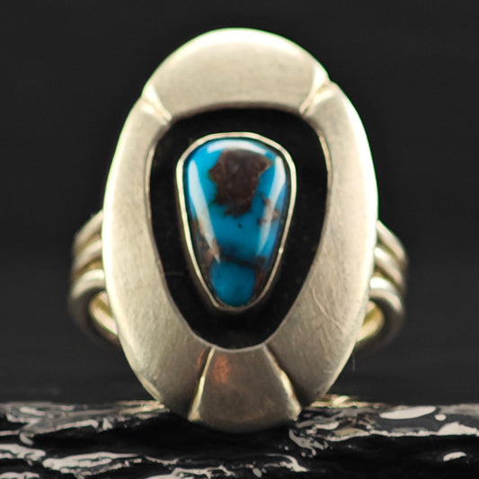 Native American Bisbee Turquoise, Shadow Box Ring Sterling Silver Sz 7 R6380