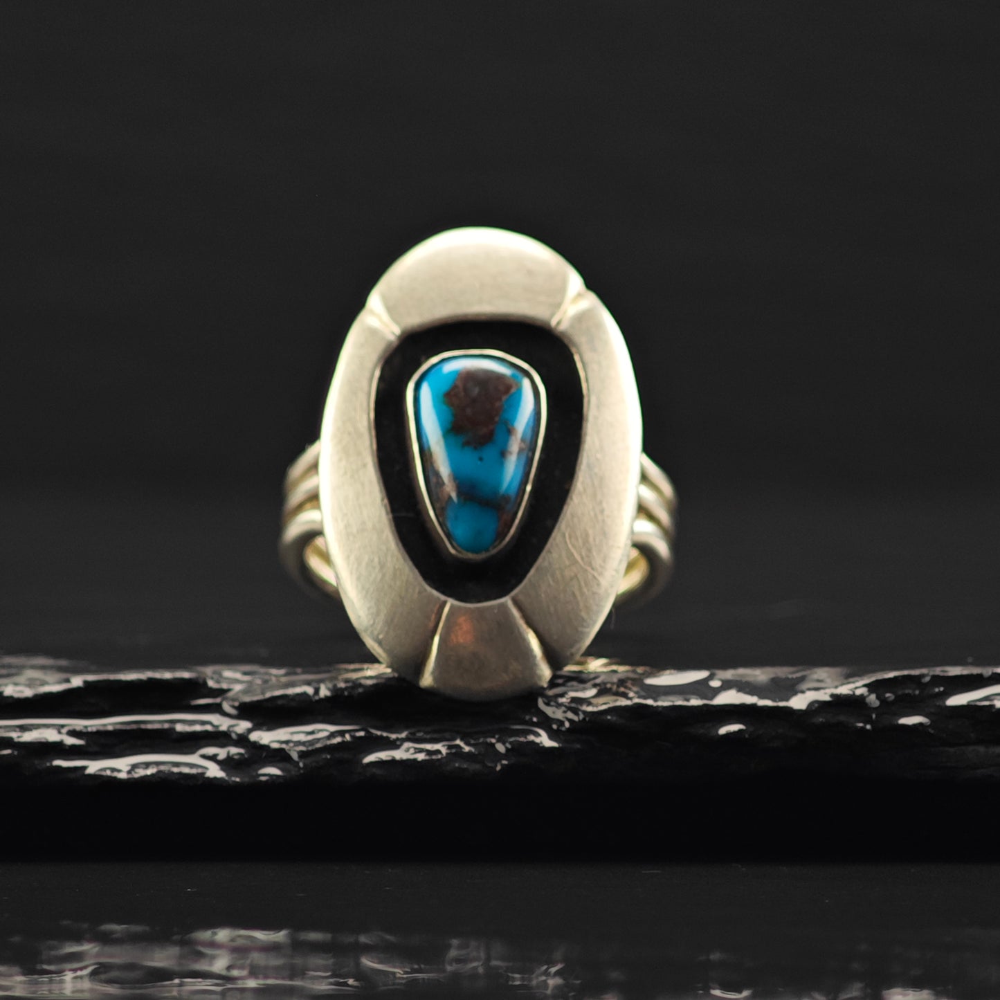 Native American Bisbee Turquoise, Shadow Box Ring Sterling Silver Sz 7 R6380
