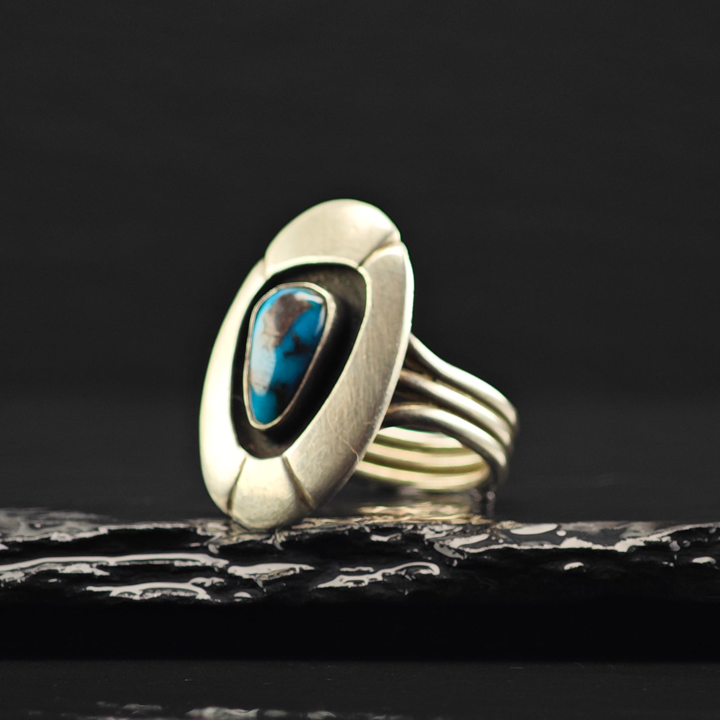 Native American Bisbee Turquoise, Shadow Box Ring Sterling Silver Sz 7 R6380