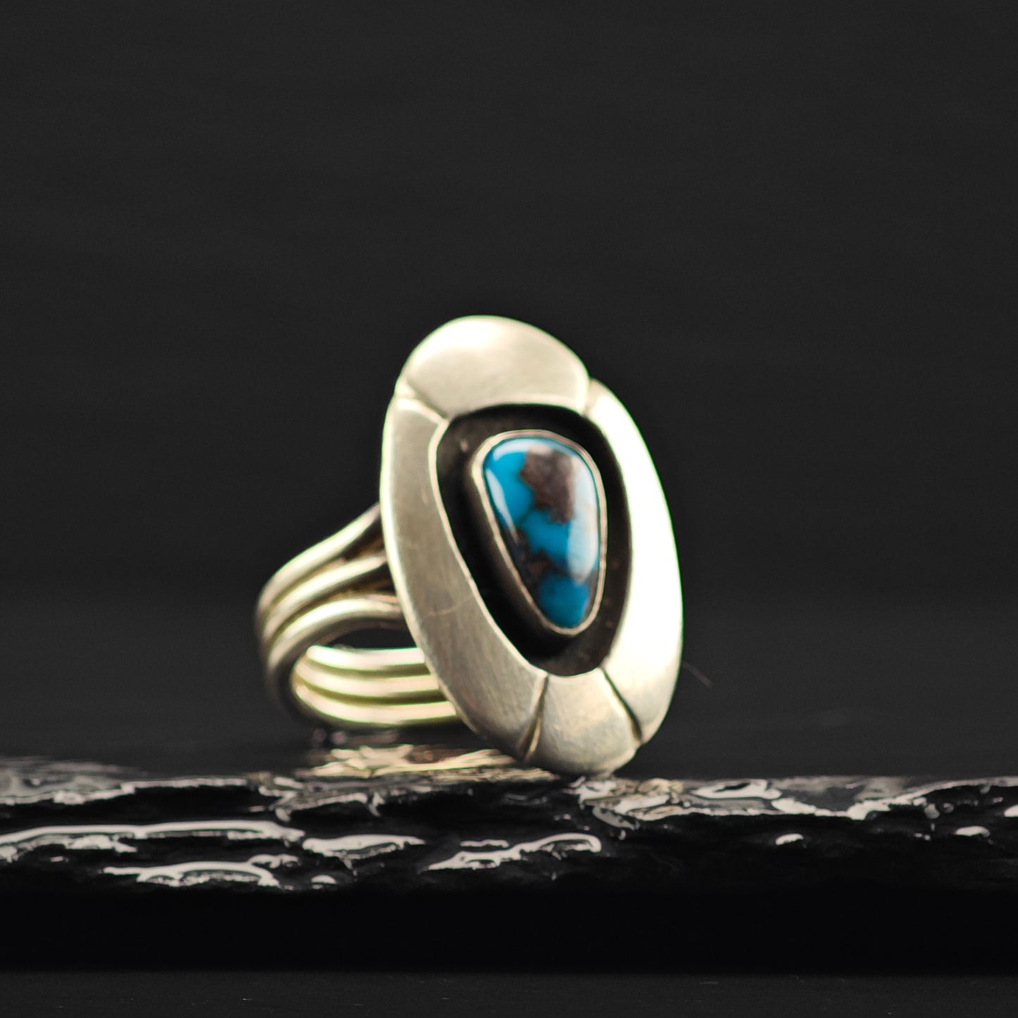 Native American Bisbee Turquoise, Shadow Box Ring Sterling Silver Sz 7 R6380