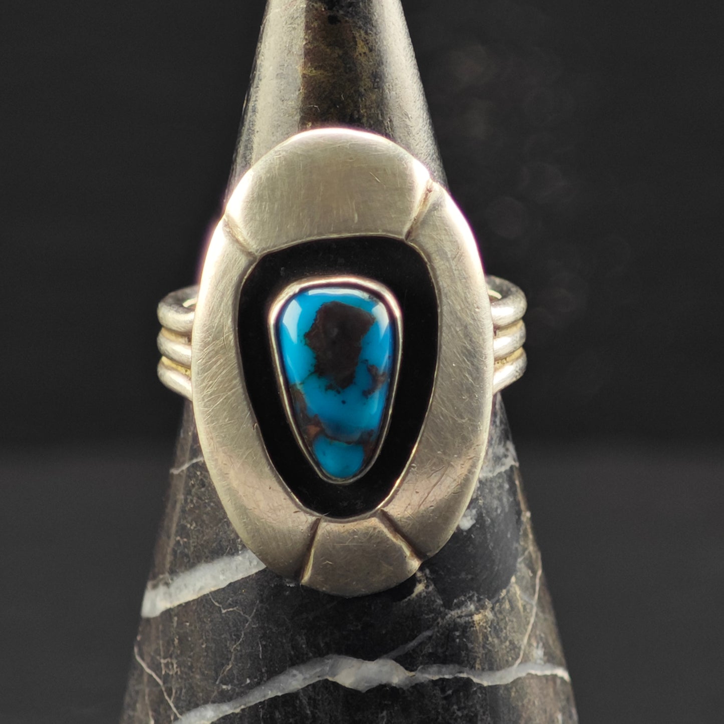 Native American Bisbee Turquoise, Shadow Box Ring Sterling Silver Sz 7 R6380