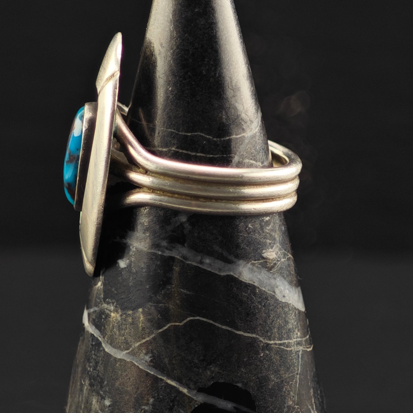 Native American Bisbee Turquoise, Shadow Box Ring Sterling Silver Sz 7 R6380