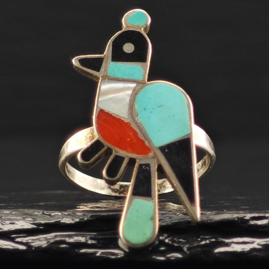 Zuni, Native American Inlay Bird Ring Sterling Silver Sz 7 R6385