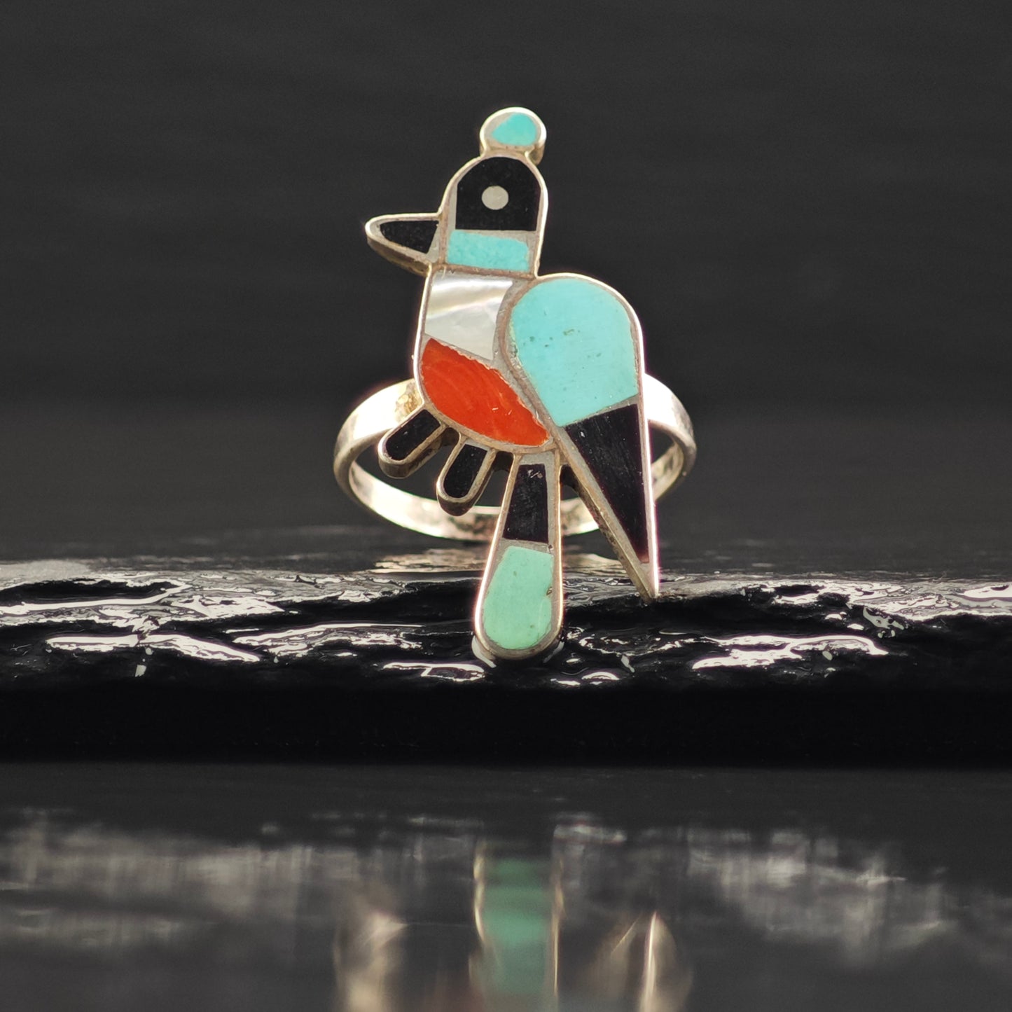 Zuni, Native American Inlay Bird Ring Sterling Silver Sz 7 R6385