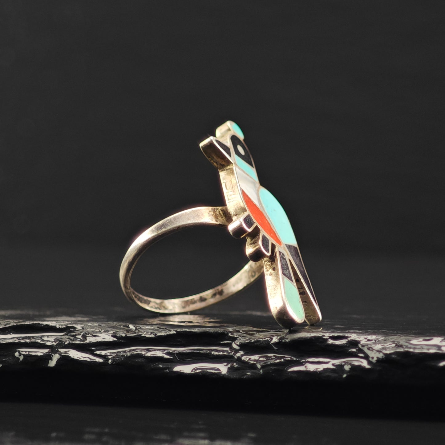 Zuni, Native American Inlay Bird Ring Sterling Silver Sz 7 R6385