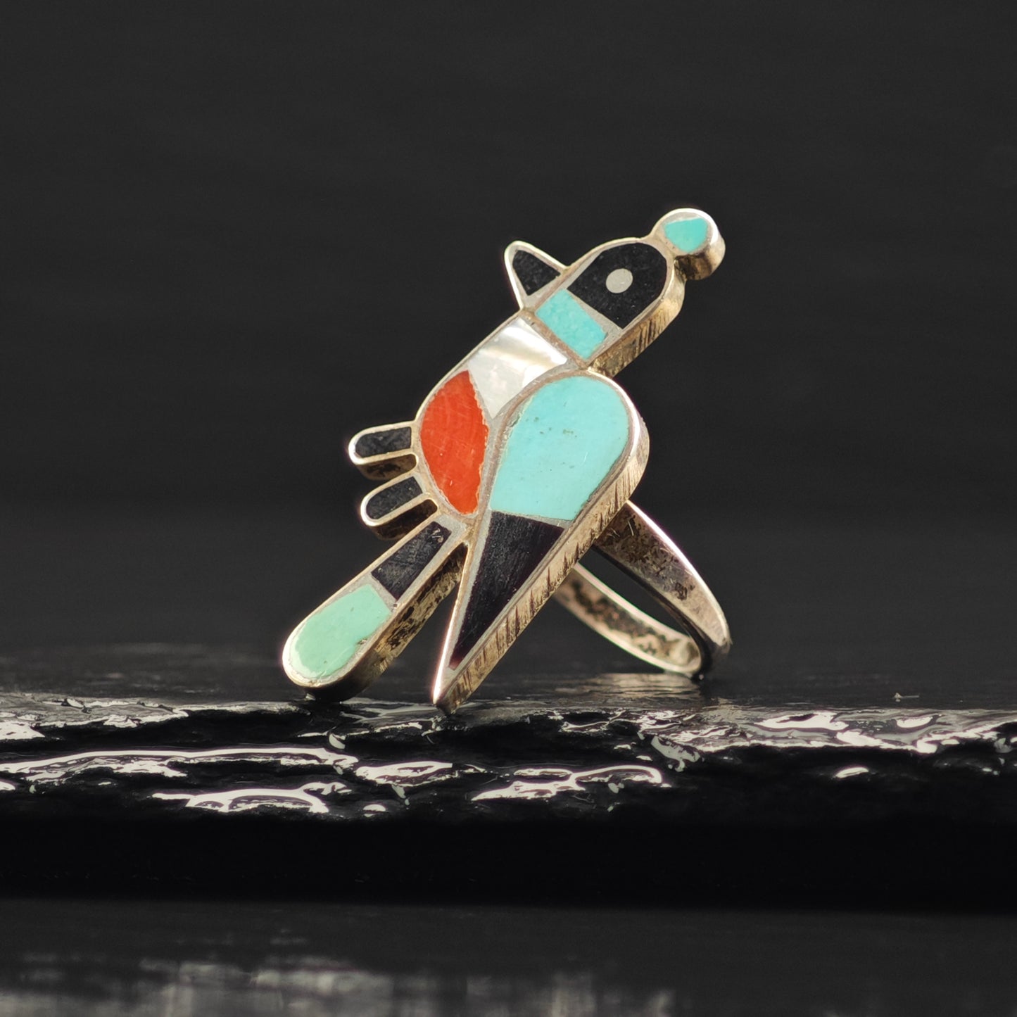 Zuni, Native American Inlay Bird Ring Sterling Silver Sz 7 R6385