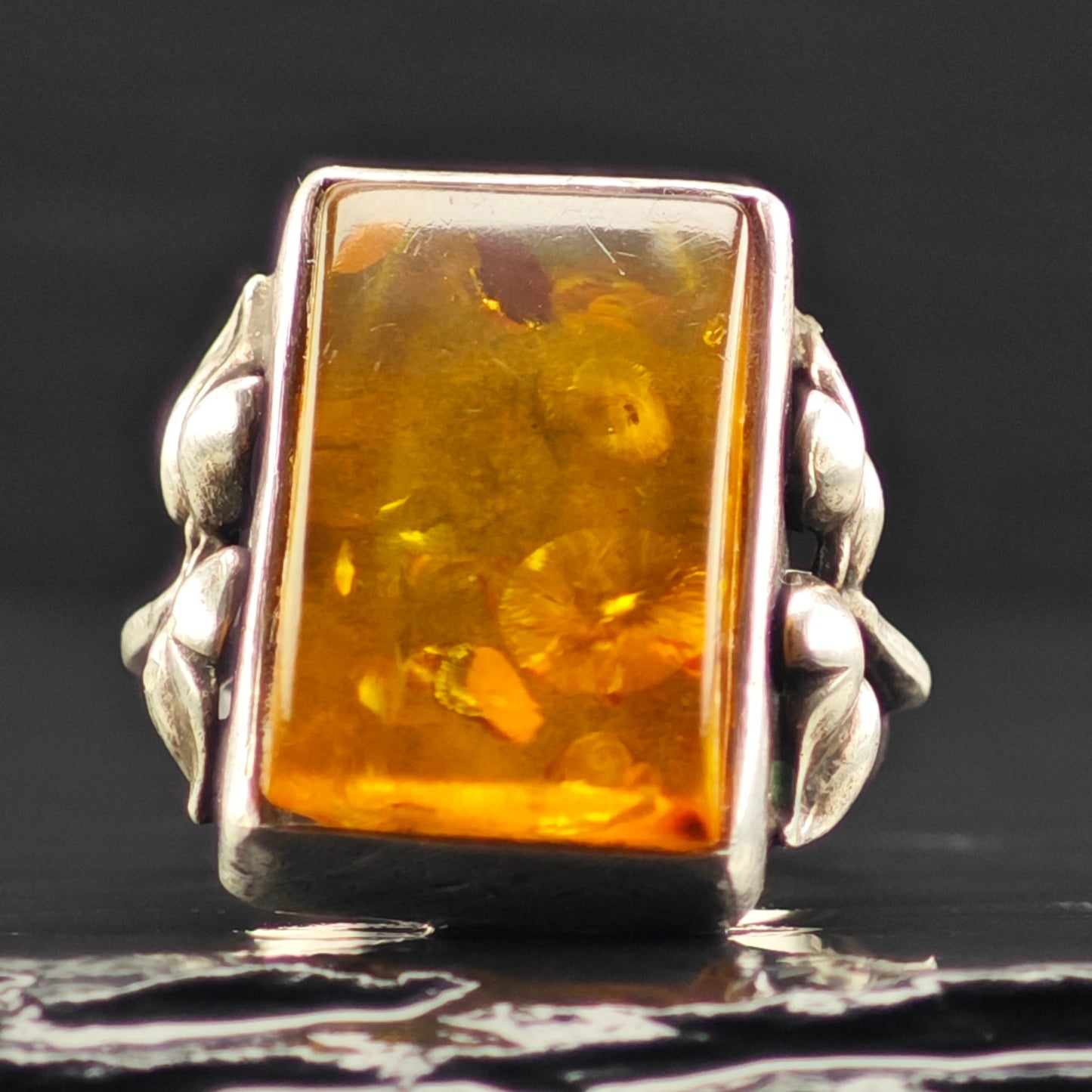 Art Nouveau Style Amber Ring Sterling Silver Sz 6 1/2 R6389