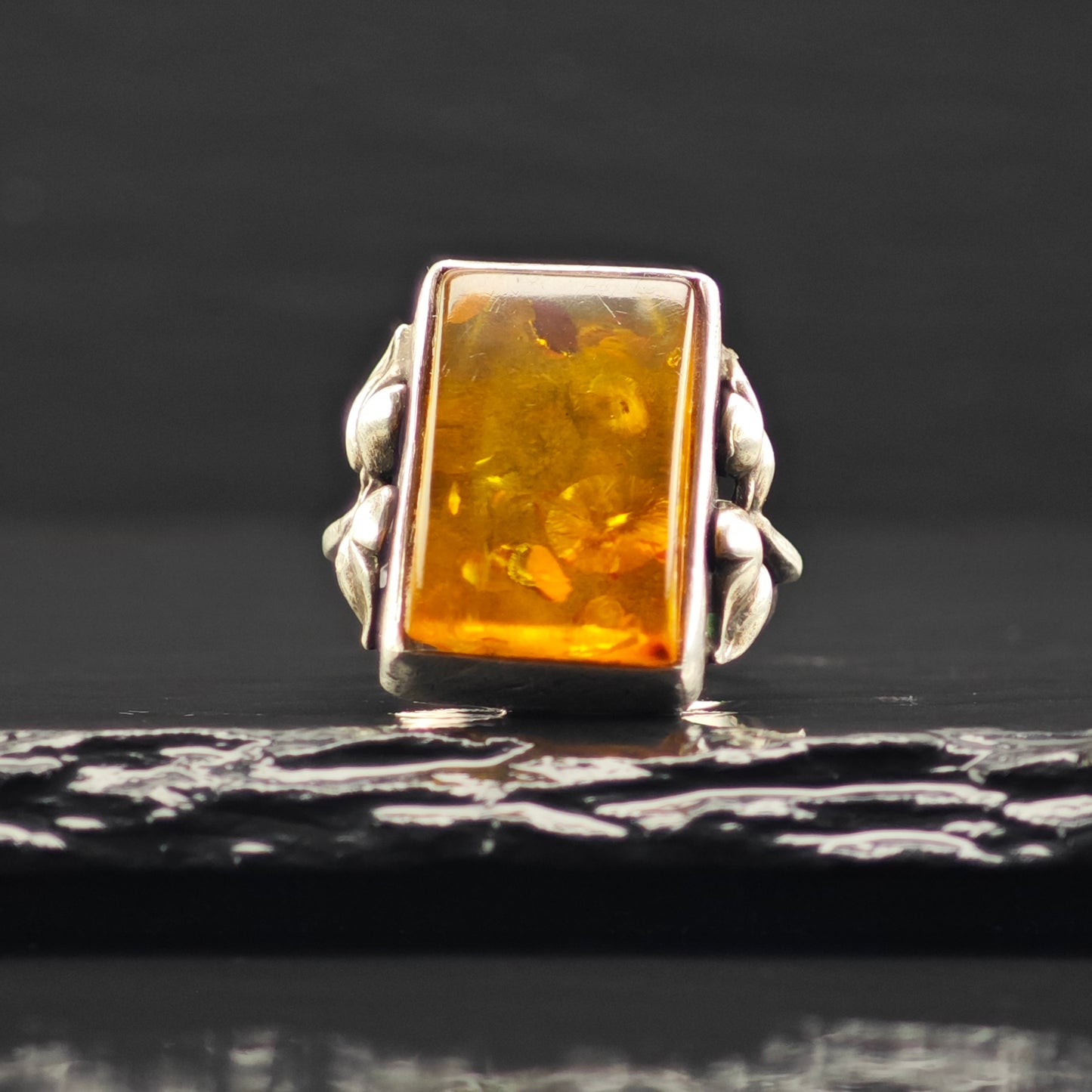 Art Nouveau Style Amber Ring Sterling Silver Sz 6 1/2 R6389
