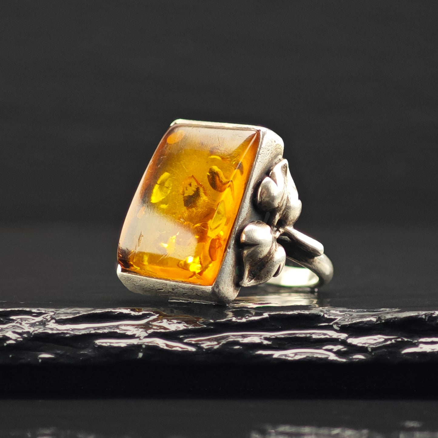 Art Nouveau Style Amber Ring Sterling Silver Sz 6 1/2 R6389