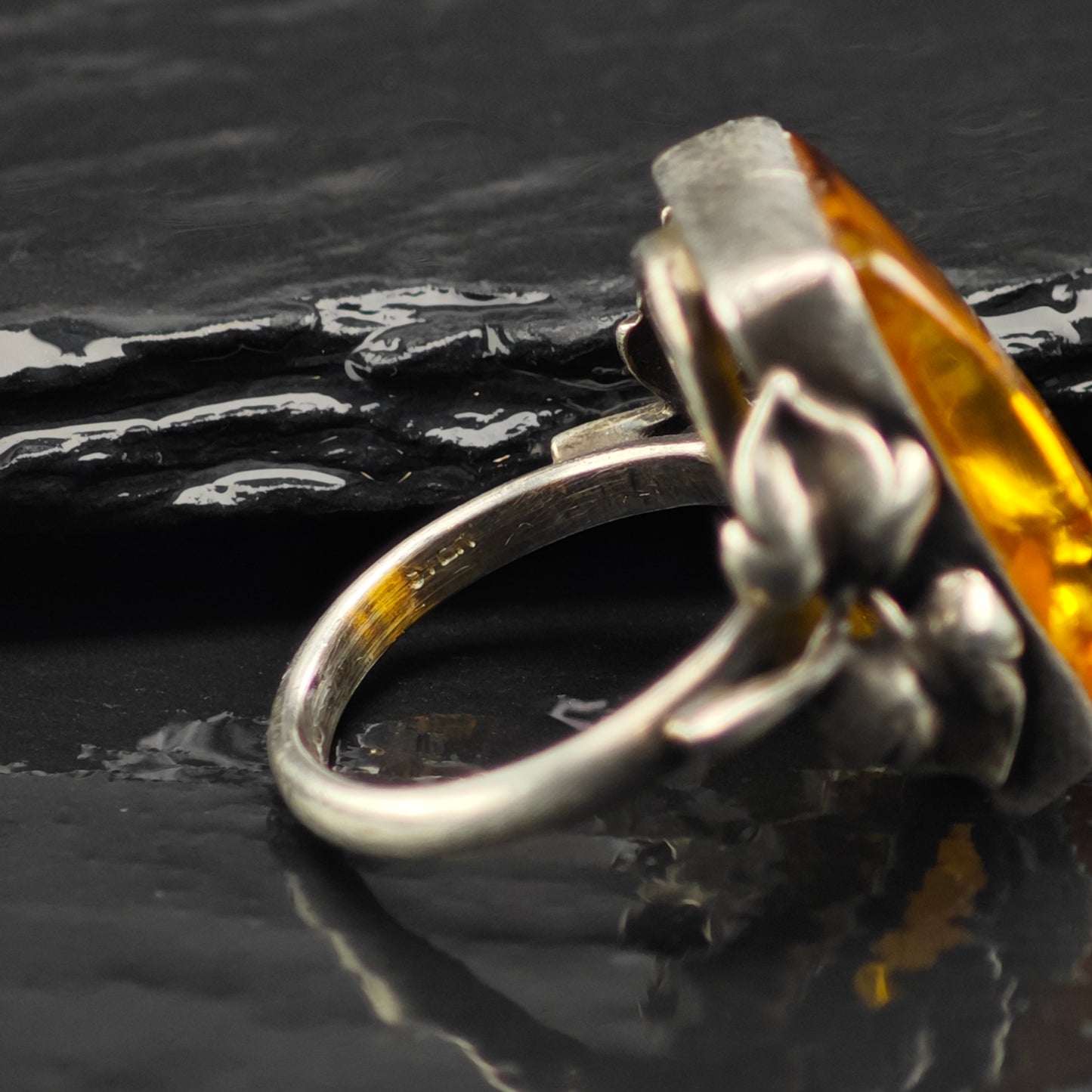 Art Nouveau Style Amber Ring Sterling Silver Sz 6 1/2 R6389
