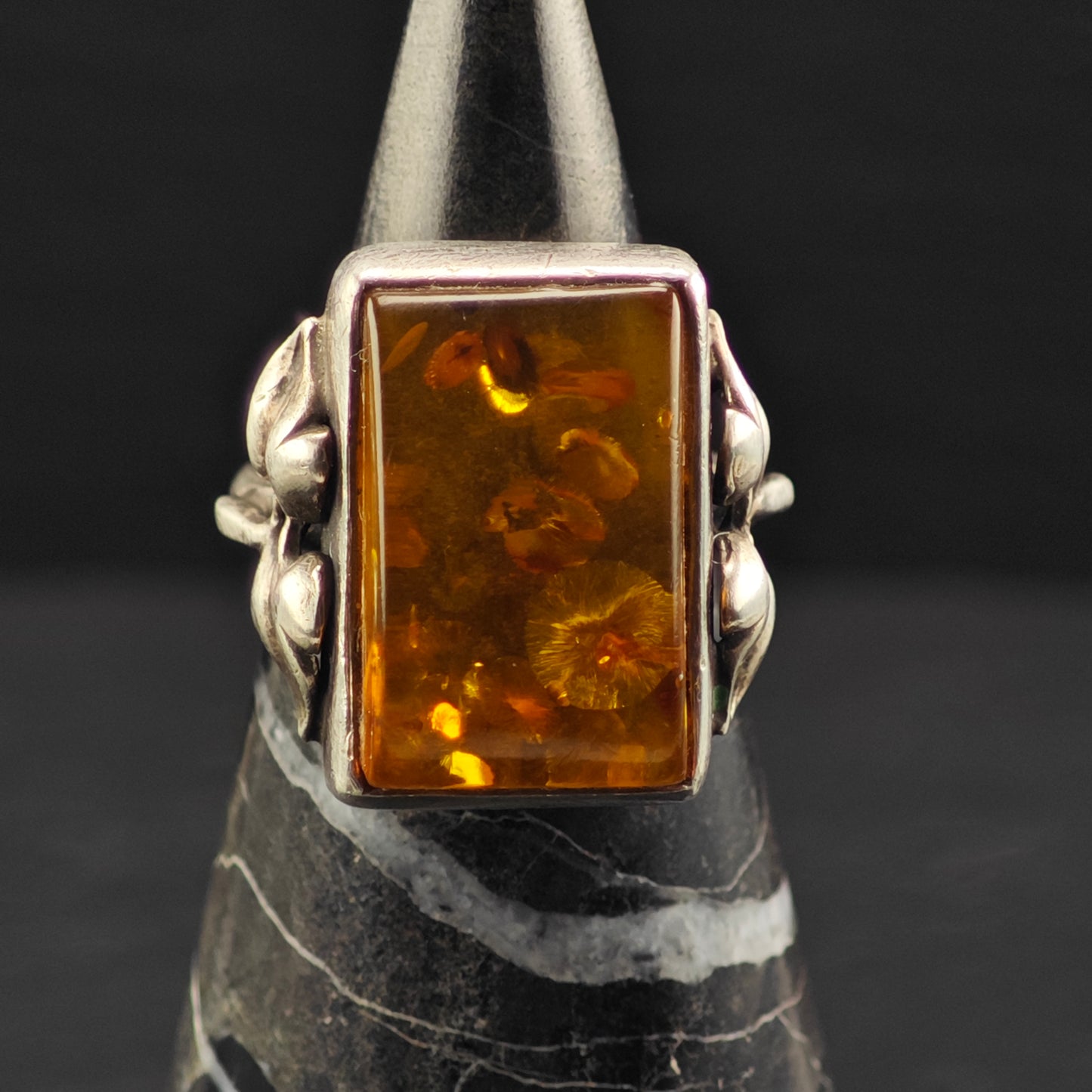 Art Nouveau Style Amber Ring Sterling Silver Sz 6 1/2 R6389