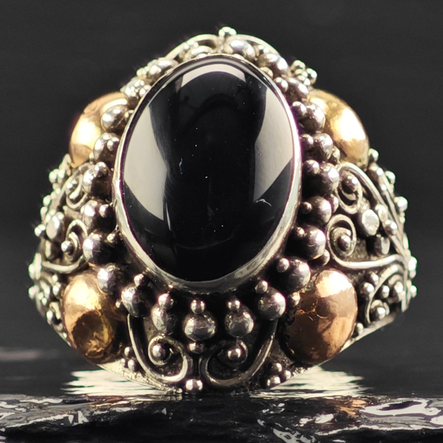 AS IS Oval Onyx, Gold Tone Ring Sterling Silver Sz 8 1/2 R6392