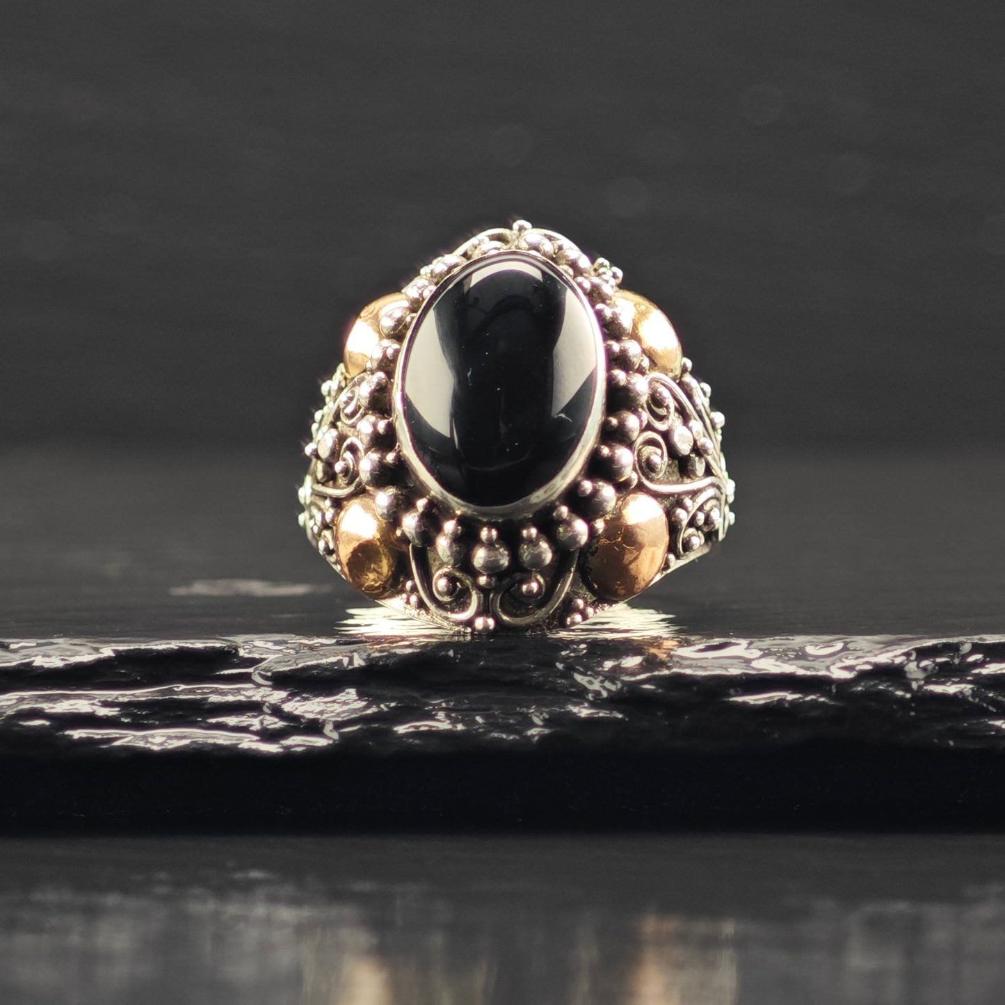 AS IS Oval Onyx, Gold Tone Ring Sterling Silver Sz 8 1/2 R6392