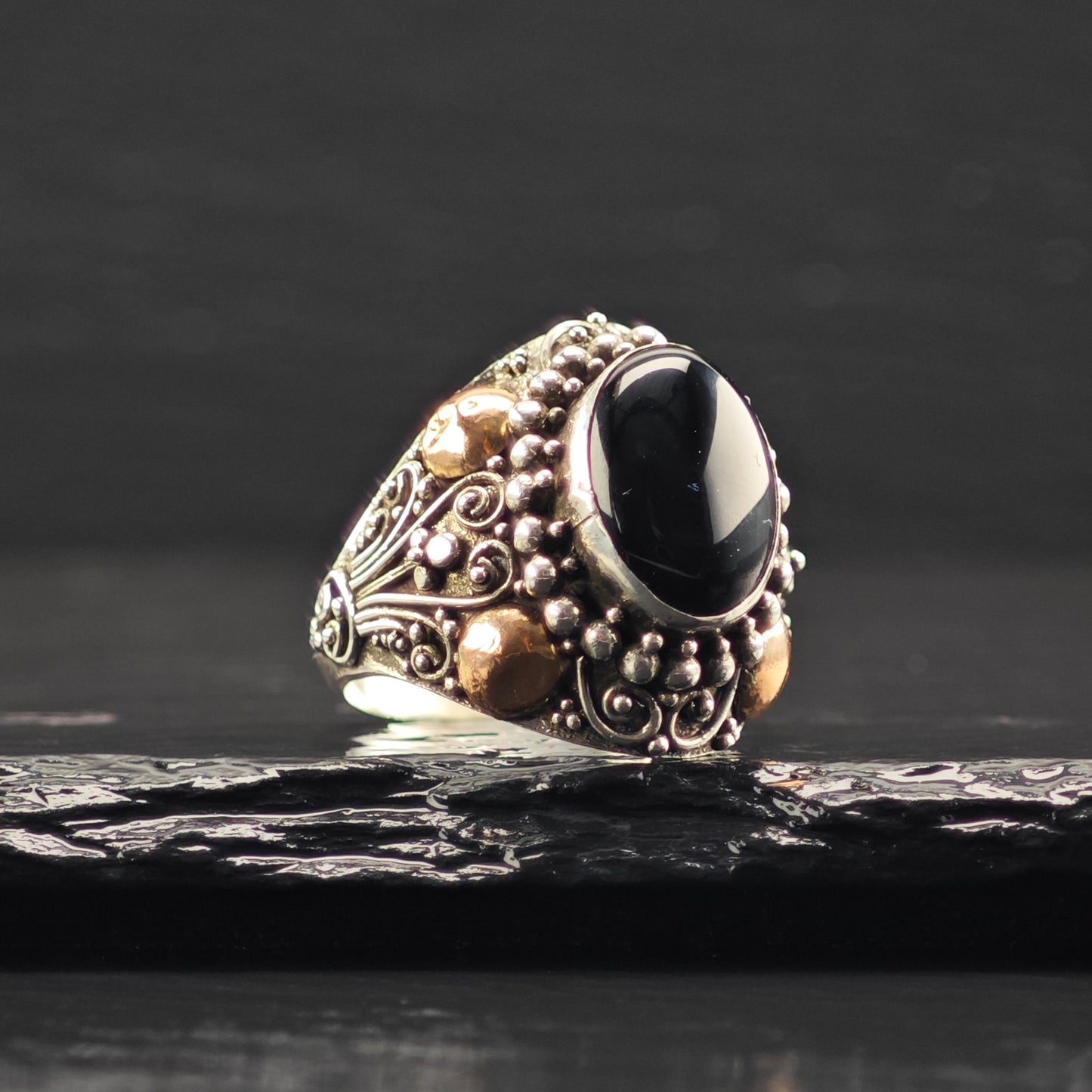AS IS Oval Onyx, Gold Tone Ring Sterling Silver Sz 8 1/2 R6392