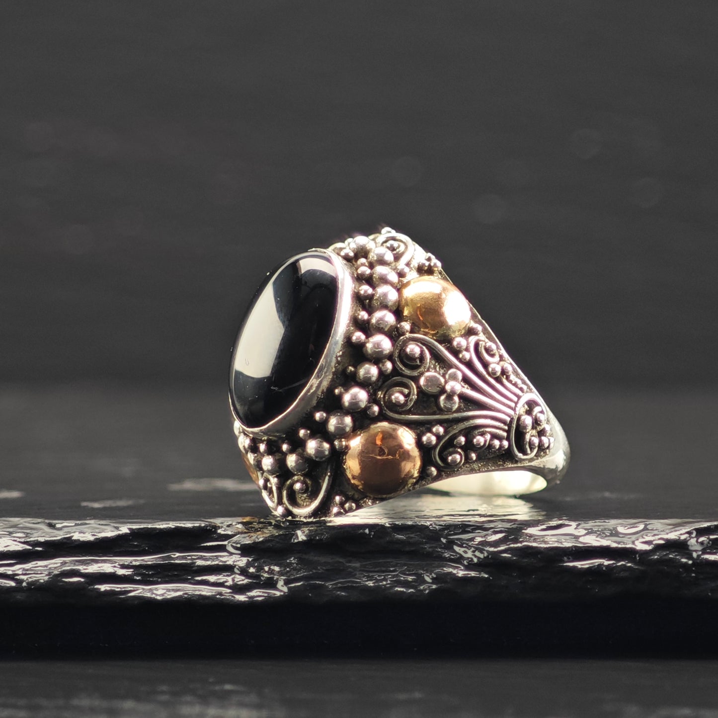 AS IS Oval Onyx, Gold Tone Ring Sterling Silver Sz 8 1/2 R6392