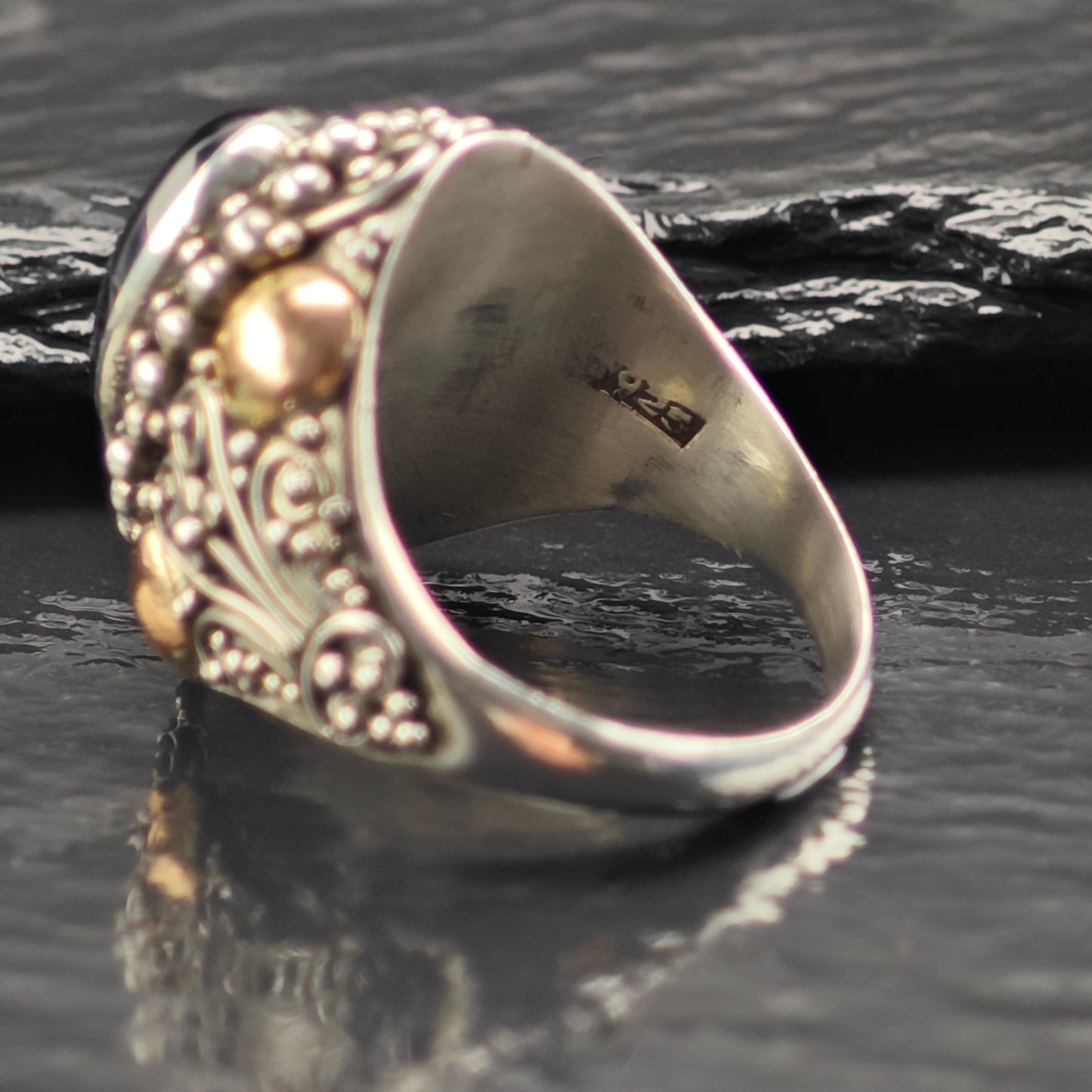 AS IS Oval Onyx, Gold Tone Ring Sterling Silver Sz 8 1/2 R6392