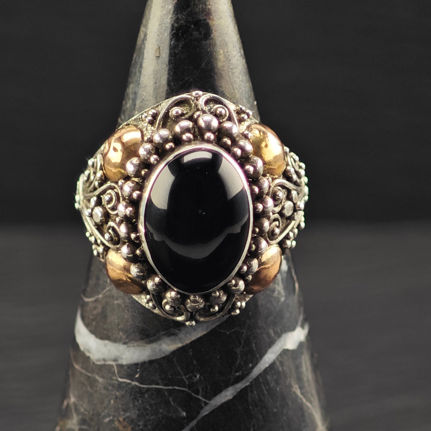 AS IS Oval Onyx, Gold Tone Ring Sterling Silver Sz 8 1/2 R6392