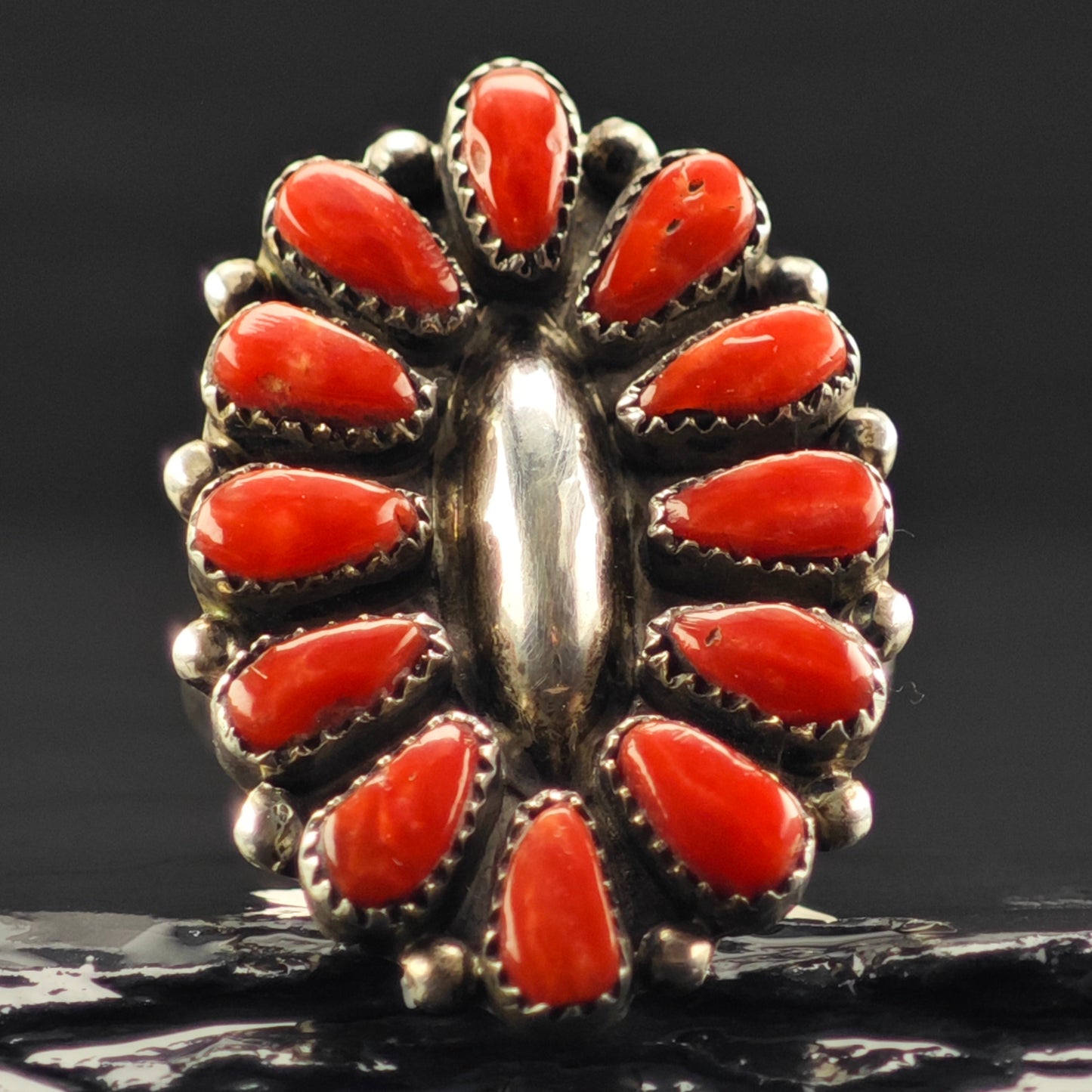 Native American Coral Cluster Ring Sterling Silver Sz 7 R6394