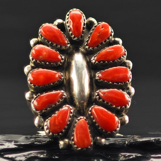 Native American Coral Cluster Ring Sterling Silver Sz 7 R6394