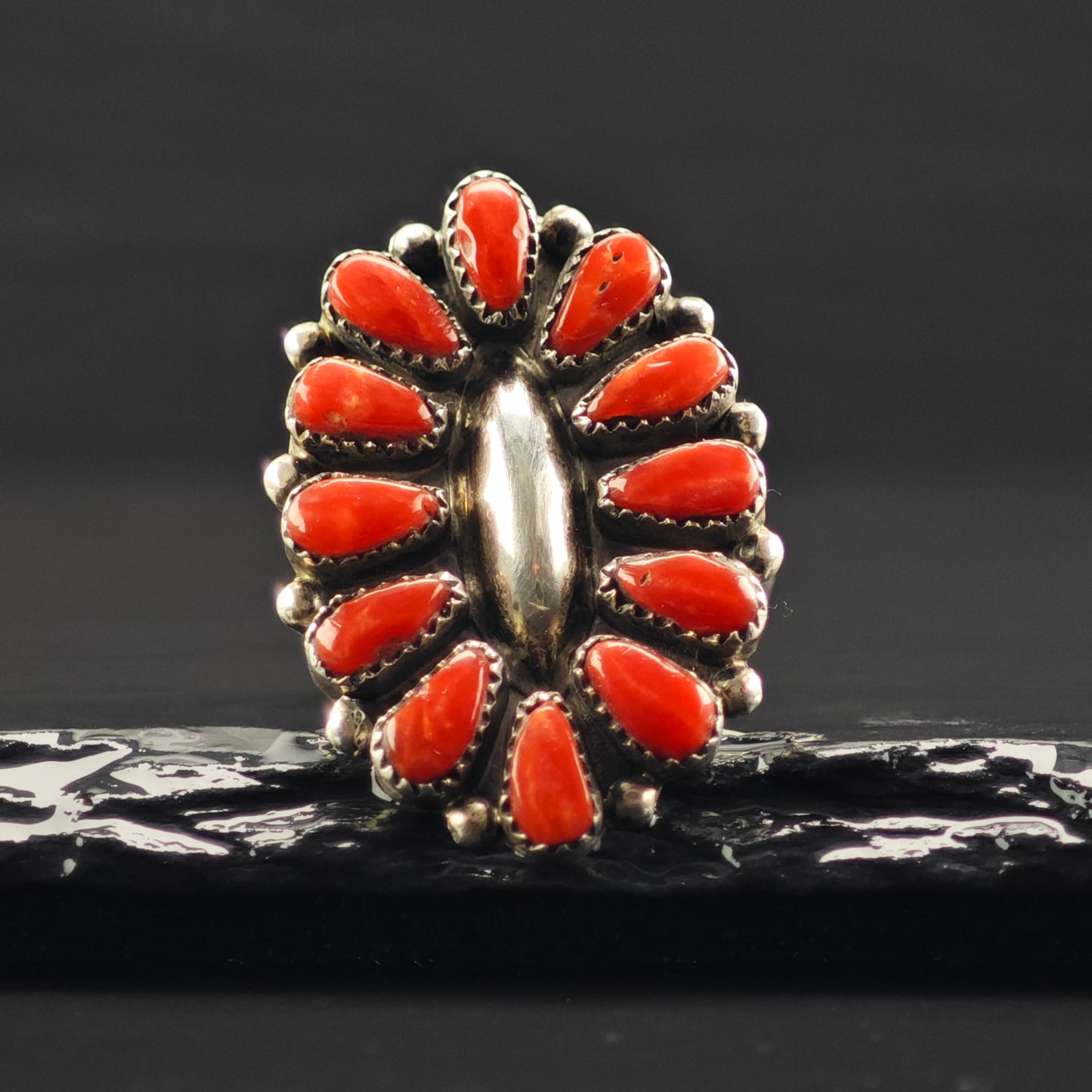 Native American Coral Cluster Ring Sterling Silver Sz 7 R6394