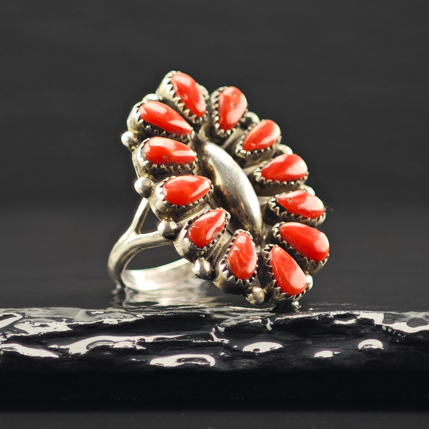 Native American Coral Cluster Ring Sterling Silver Sz 7 R6394