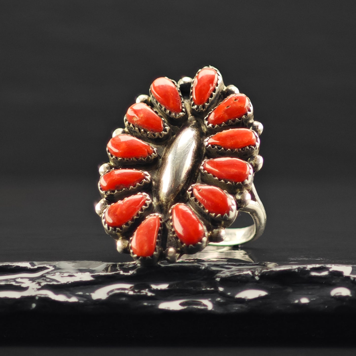 Native American Coral Cluster Ring Sterling Silver Sz 7 R6394