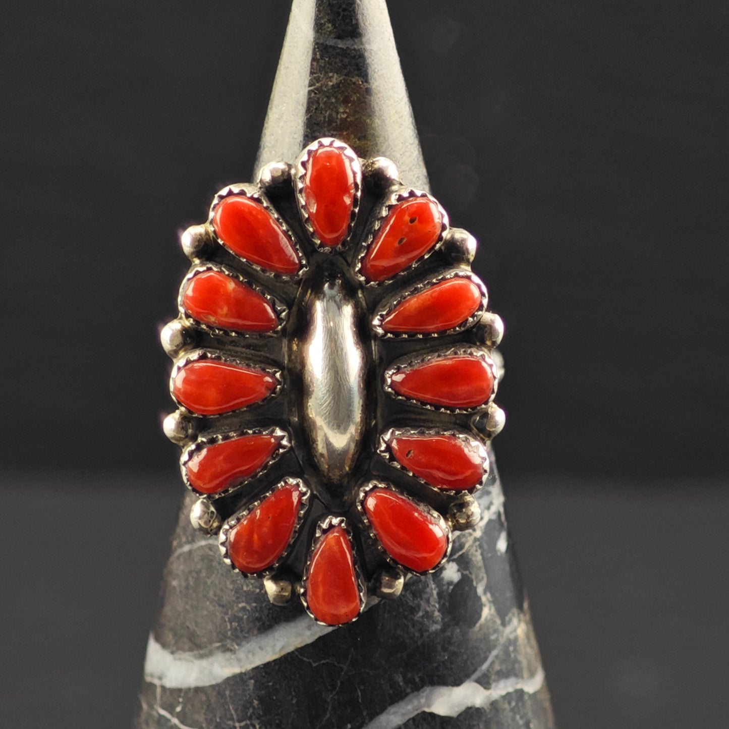 Native American Coral Cluster Ring Sterling Silver Sz 7 R6394