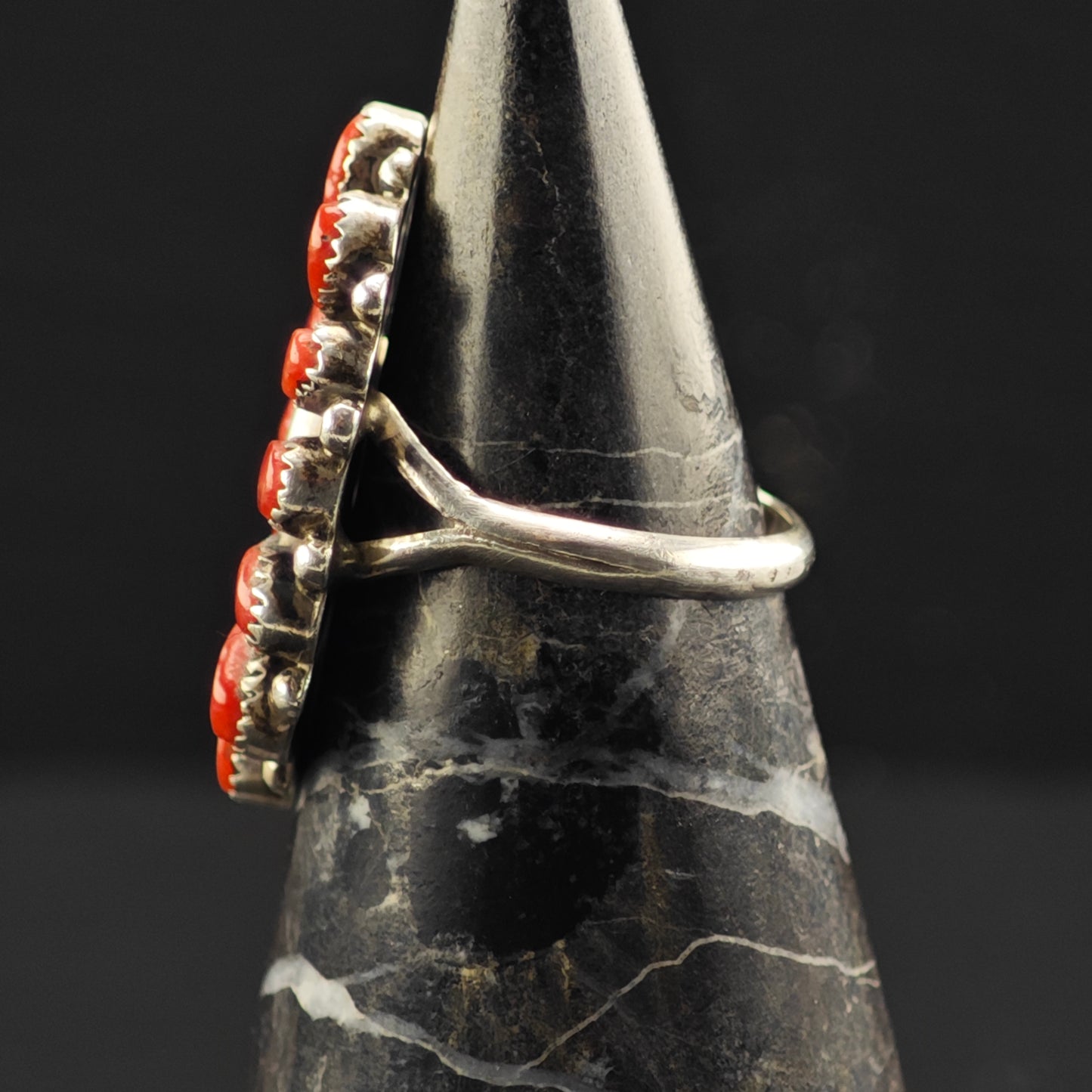 Native American Coral Cluster Ring Sterling Silver Sz 7 R6394