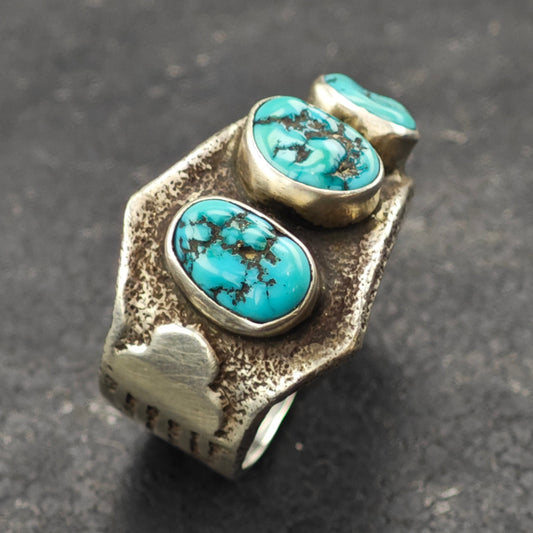 Al Nez, Navajo Tufa Cast Turquoise Ring Sterling Silver Sz 9 1/2 R6328