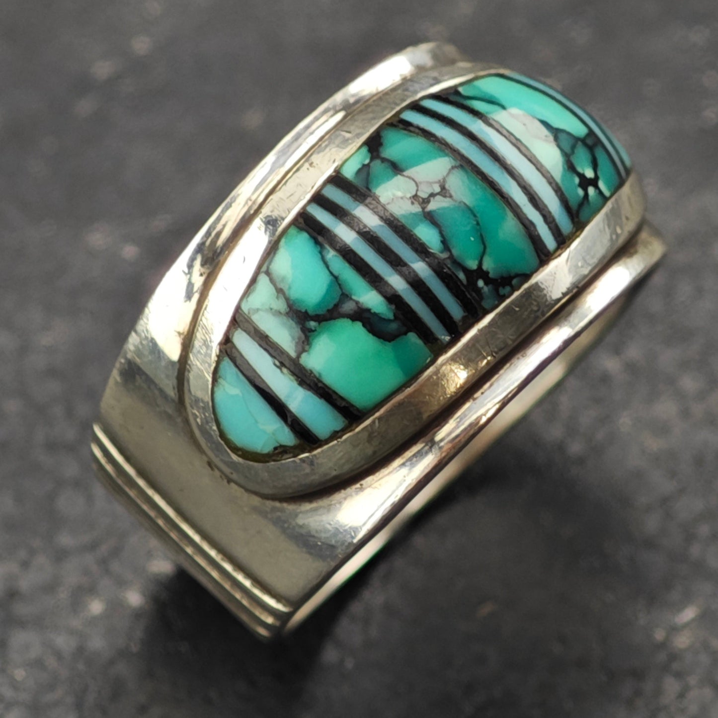 James Lee, Navajo Turquoise Inlay Ring Sterling Silver Sz 13 R6333
