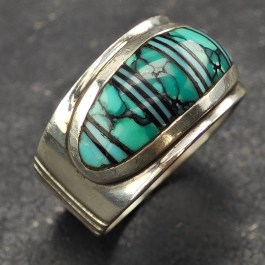 James Lee, Navajo Turquoise Inlay Ring Sterling Silver Sz 13 R6333