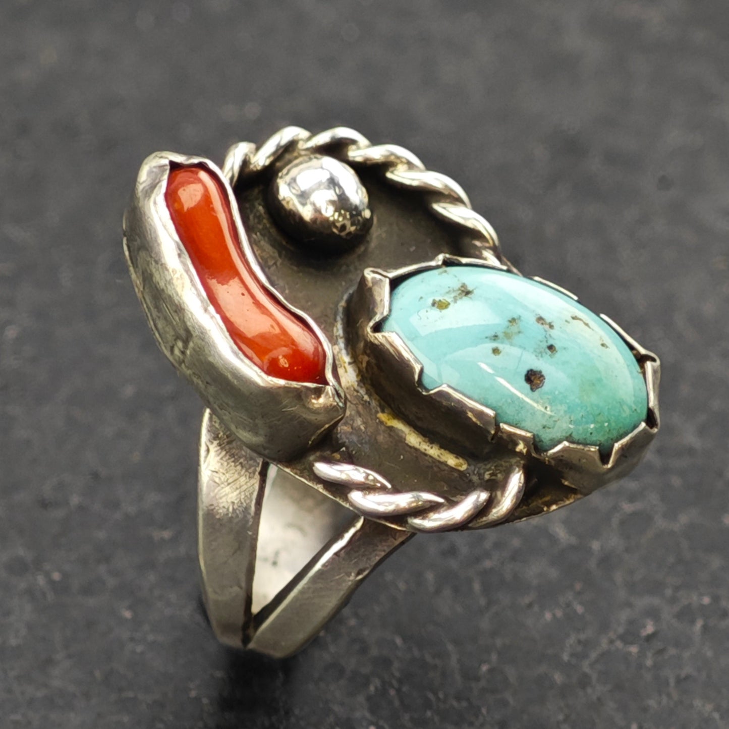 Sw Turquoise, Coral Ring Sterling Silver Sz 8 R6350