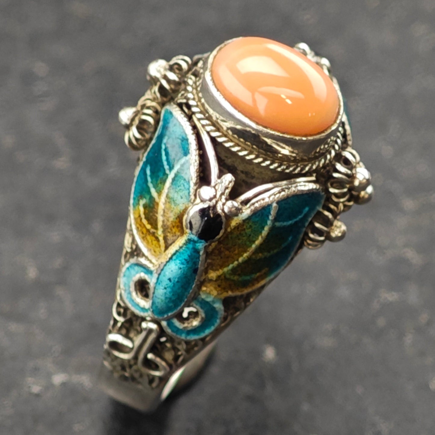 Coral, Enamel Butterfly Ring Sterling Silver Sz 7 R6361