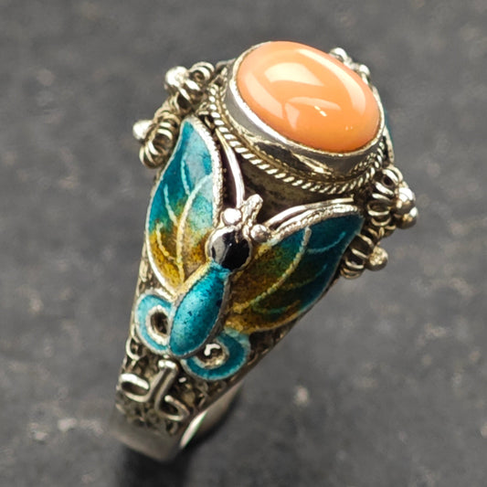 Coral, Enamel Butterfly Ring Sterling Silver Sz 7 R6361
