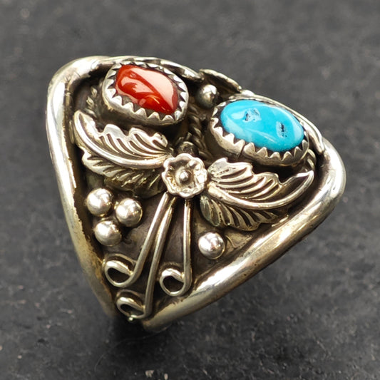 Native American Turquoise, Coral Ring Sterling Silver Sz 10 R6343