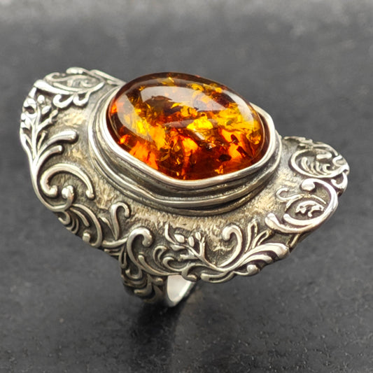 Israel PZ Amber, Filigree Ring Sterling Silver Sz 7 R6364