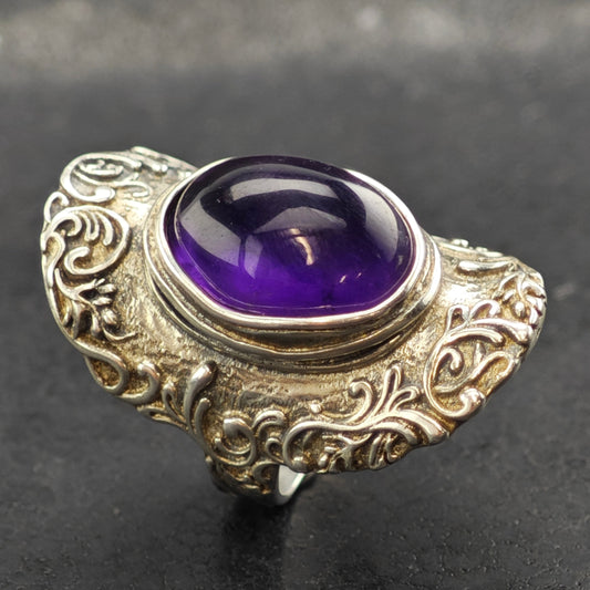 Israel PZ Amethyst Cabochon, Filigree Ring Sterling Silver Sz 7 R6370