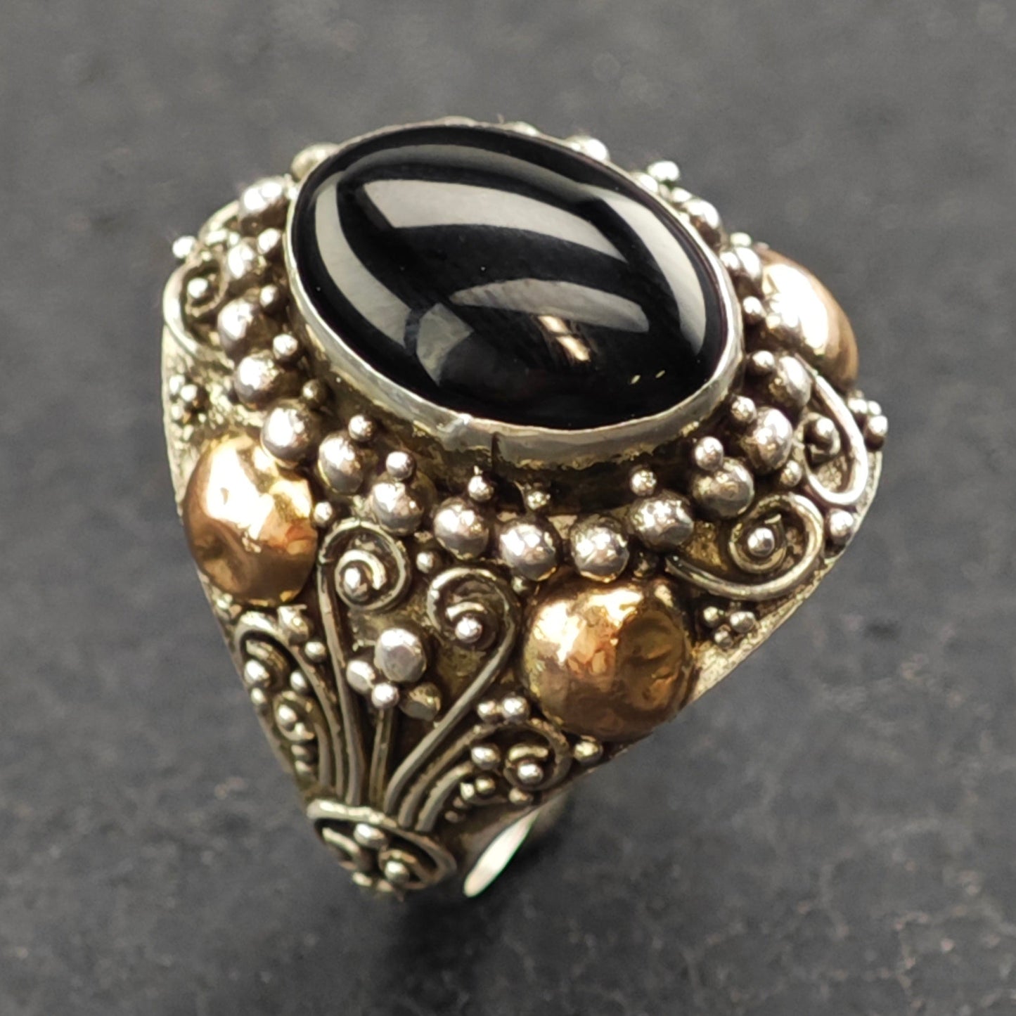 AS IS Oval Onyx, Gold Tone Ring Sterling Silver Sz 8 1/2 R6392