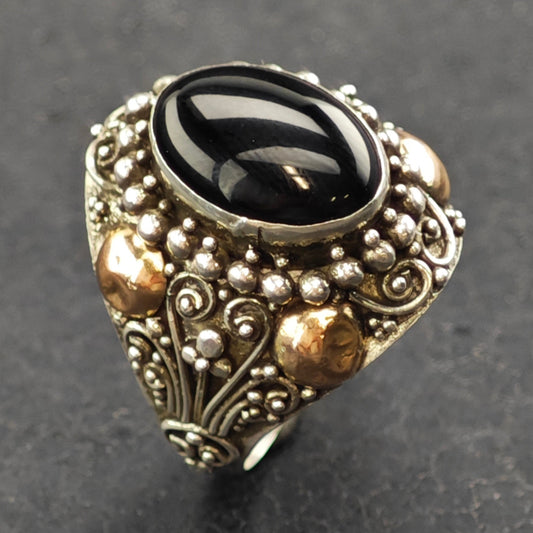 AS IS Oval Onyx, Gold Tone Ring Sterling Silver Sz 8 1/2 R6392