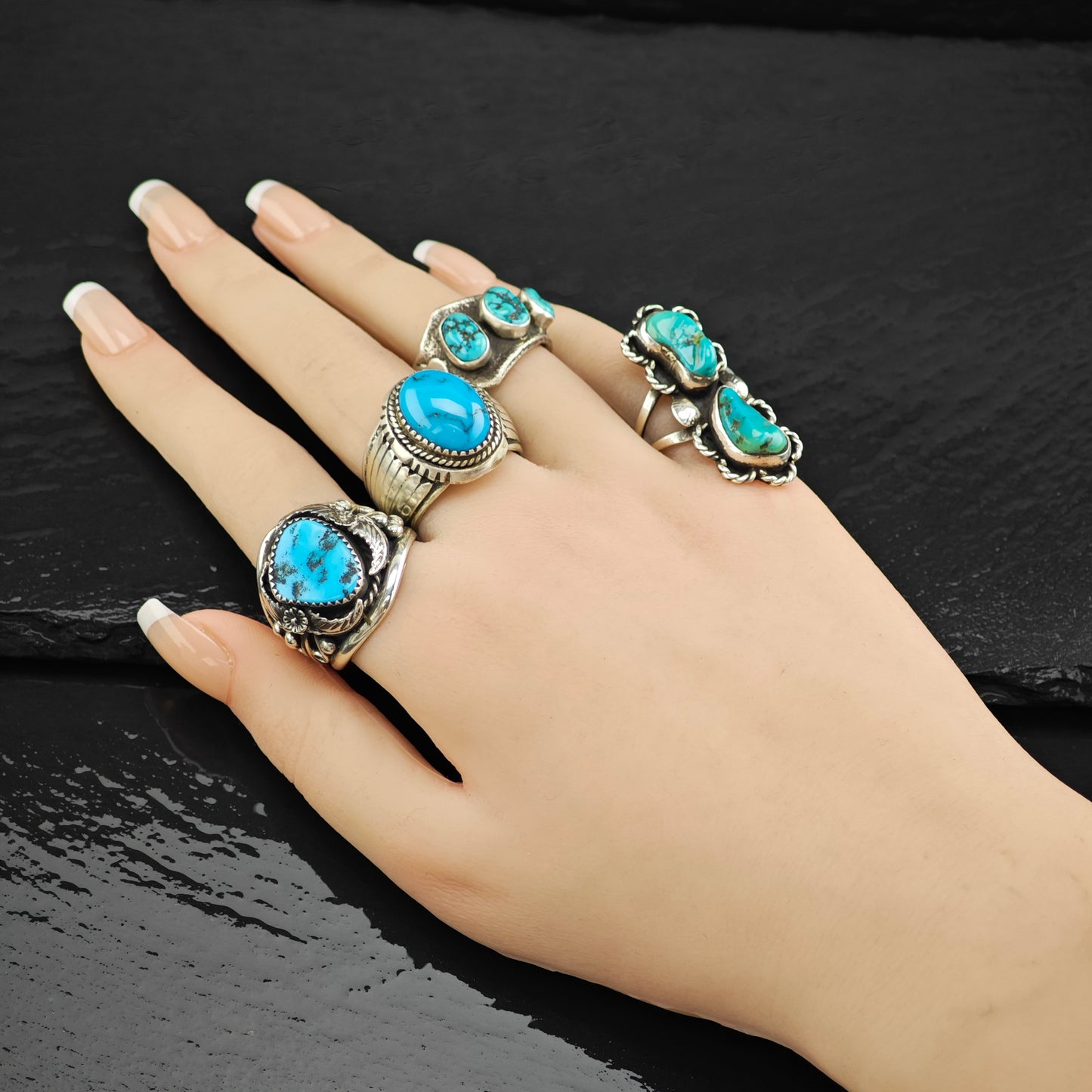 Turquoise, Floral Ring Sterling Silver Sz 9 R6329