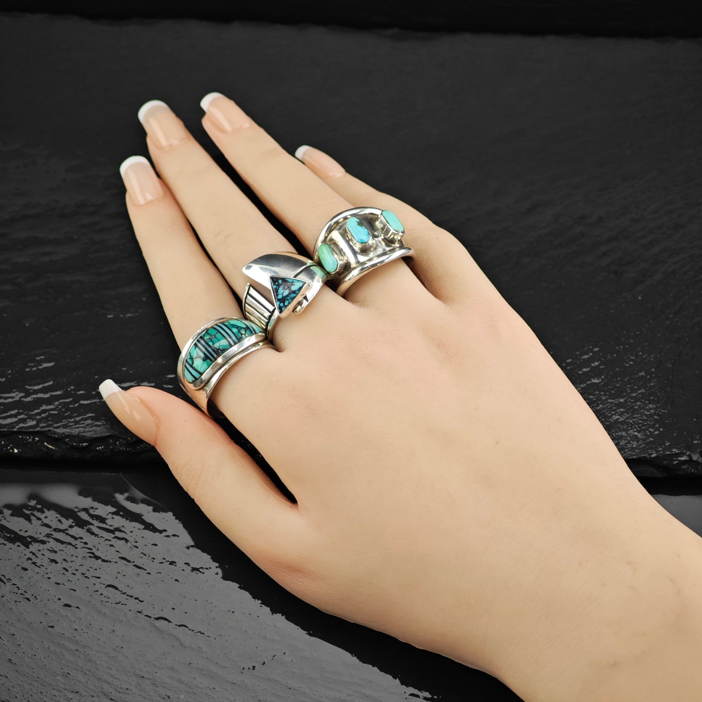 James Lee, Navajo Turquoise Inlay Ring Sterling Silver Sz 13 R6333