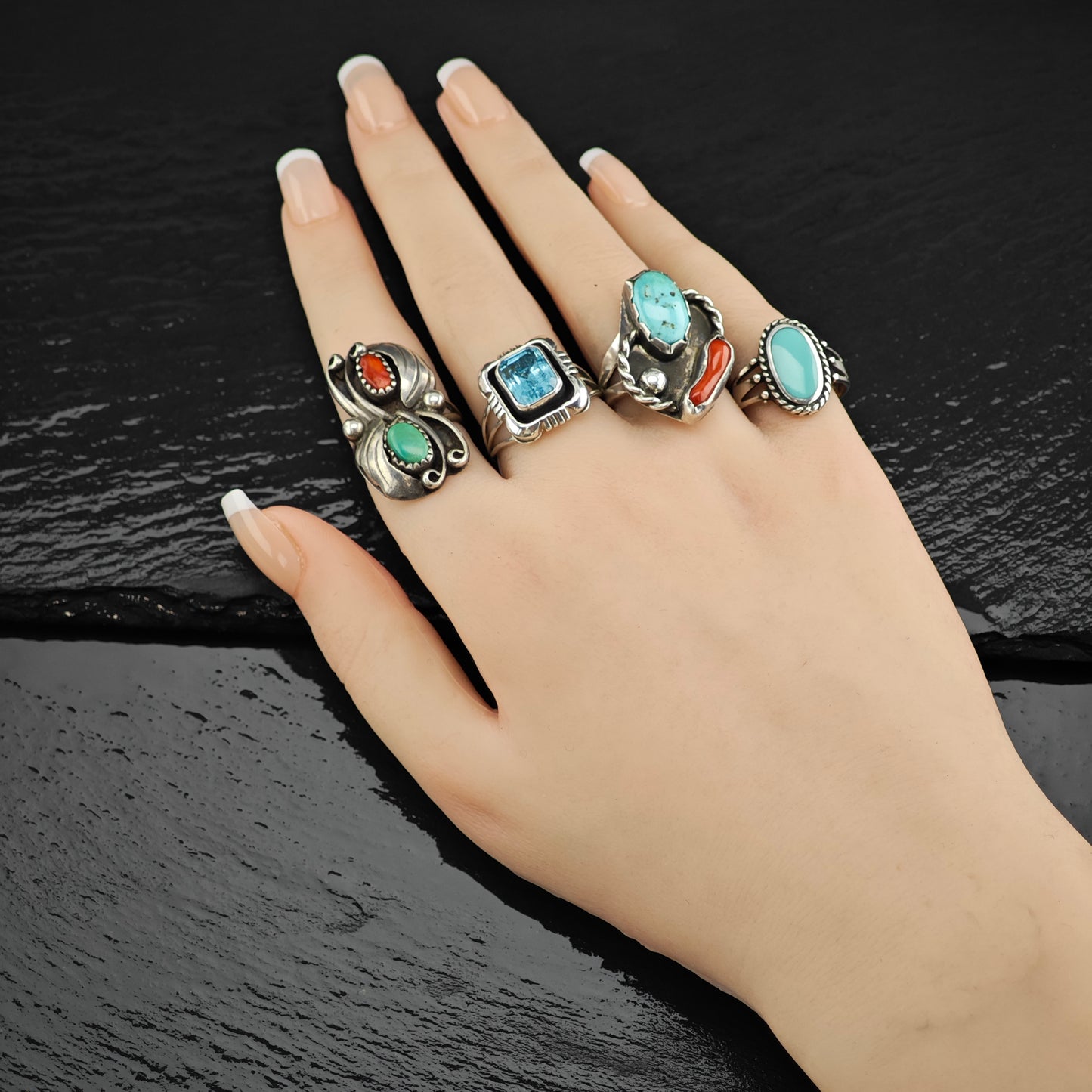 Sw Turquoise, Coral Ring Sterling Silver Sz 8 R6350