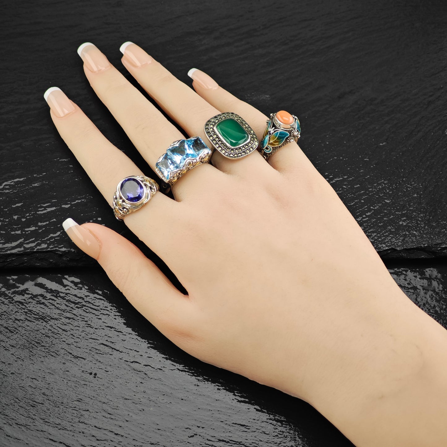 Coral, Enamel Butterfly Ring Sterling Silver Sz 7 R6361